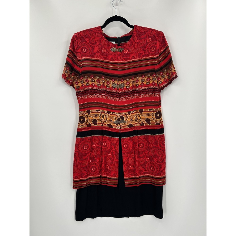 Vintage K.C. Spencer Dress Womens 14 Red Black Asian Inspired Tunic Midi USA 90s